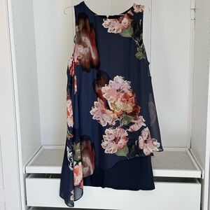 SLNY Elegant Blue  Floral Overlay Dress Sz 18 Asymmetrical NWT